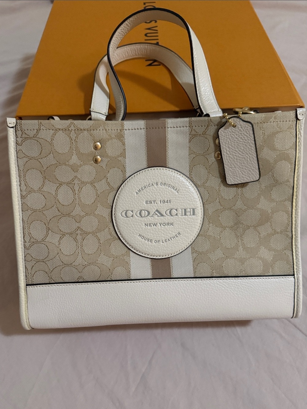 Coach Beige and White Signature Stripe Tote